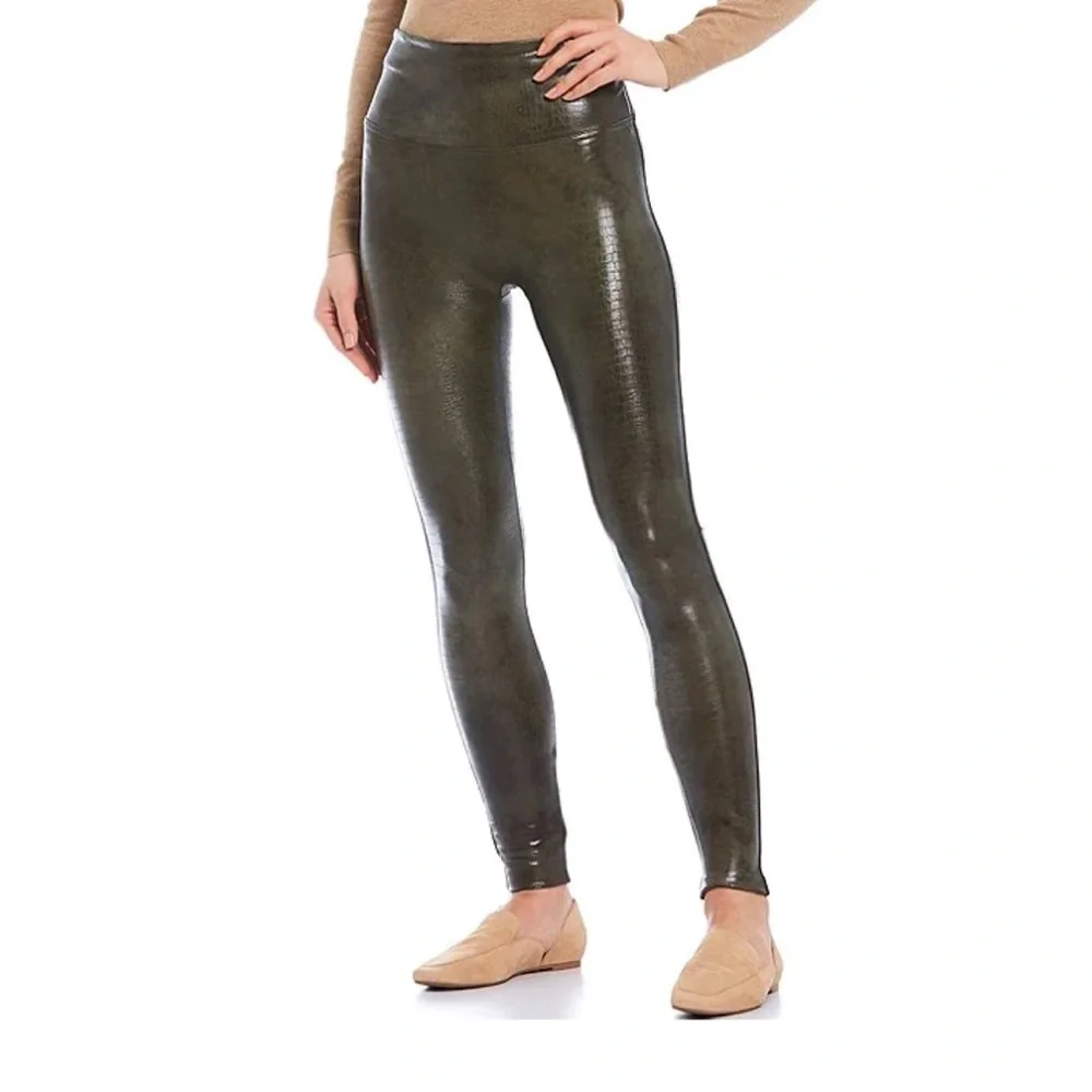 Spanx Faux Leather Croc Shine Leggings in Color Darkened Olive - Picture 2 of 5